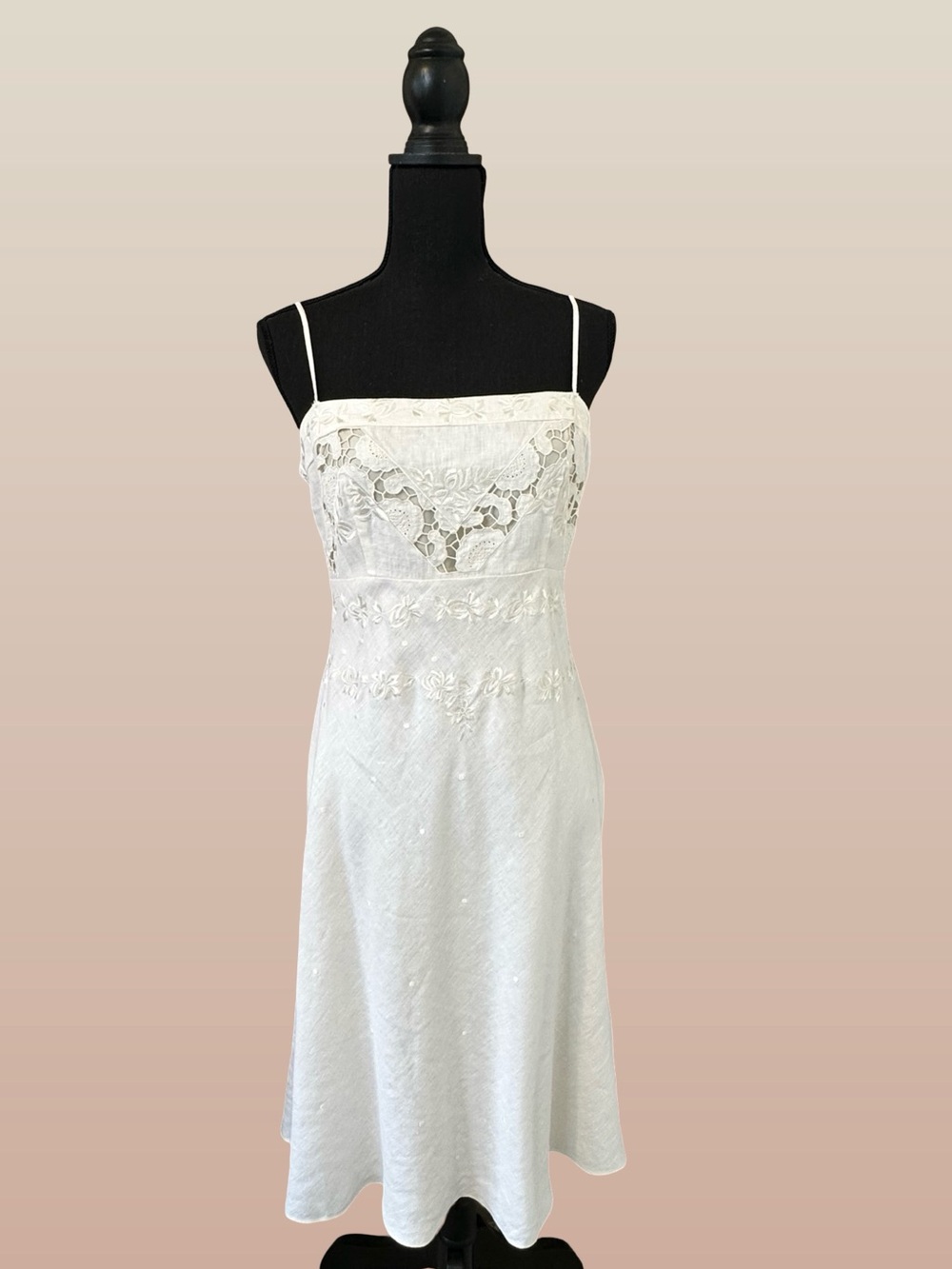 ANN TAYLOR Ivory Linen Lace Detail Spagetti Strap Dress Size 8
